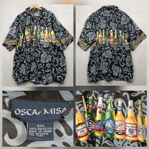 Oscar Misa Hawaiian Shirt Mens 2XL Black Blue Beer Bottles Tropical Polyester